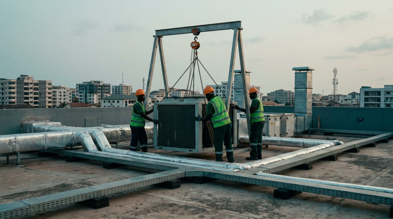 Rooftop condenser lifted into position by gantry above Accra
